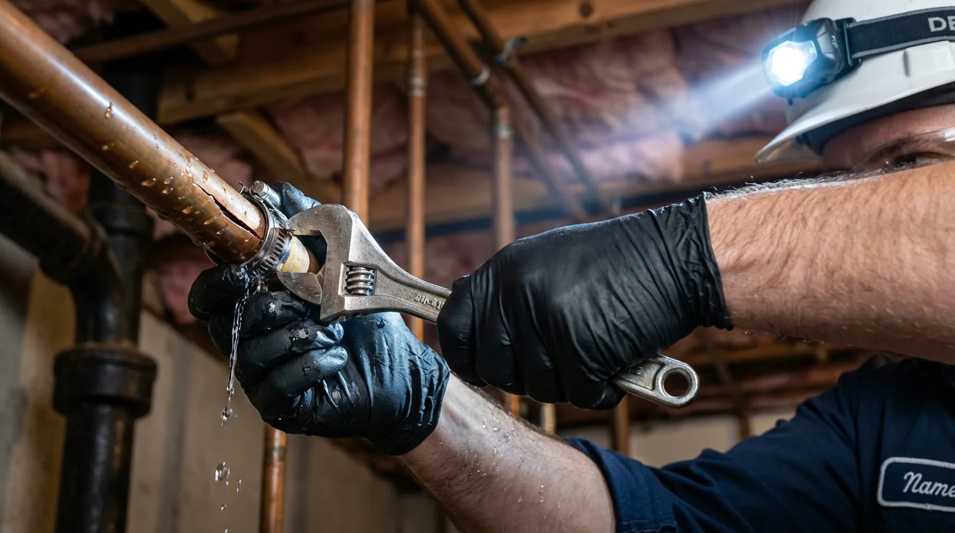 Emergency pipe clamp repair being performed by a Johns Plumbing LLC plumber in Irvine
