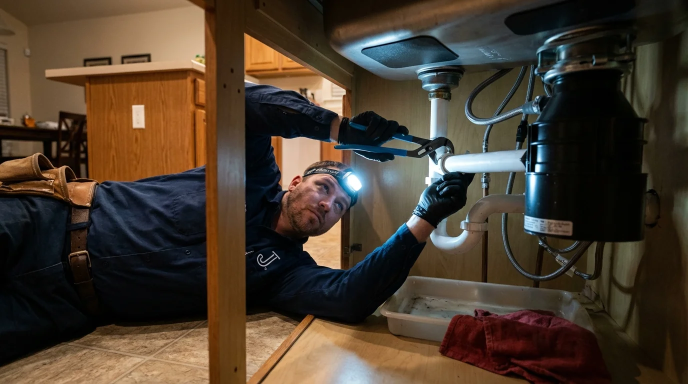 P-trap and supply line connections under a kitchen sink showing a common leak point in Irvine, KY
